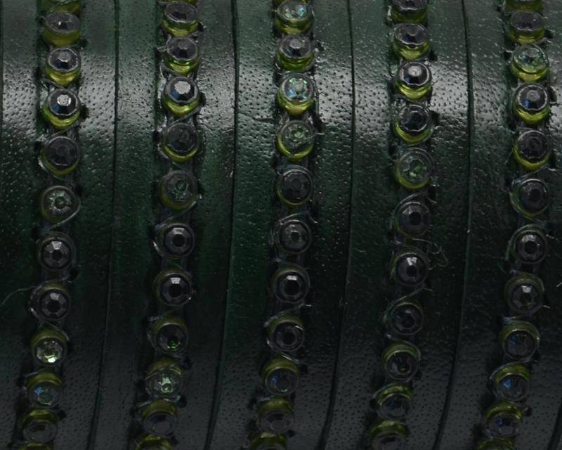 Flat Leather cord. 10x2mm. Bottle green-green strass. Best Quality