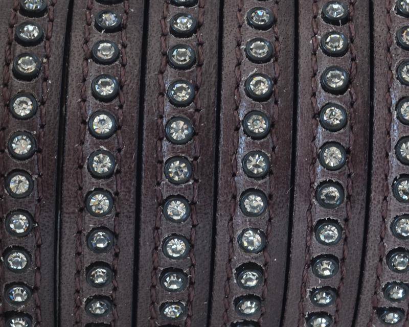 Flat Leather cord with strass. 8x3mm. Dark brown- crystal strass. Best Quality.