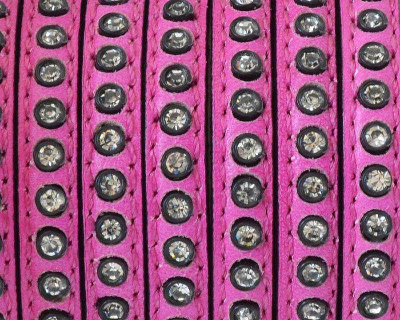 Flat Leather cord with strass. 8x3mm. Fuchsia-crystal strass. Best Quality.