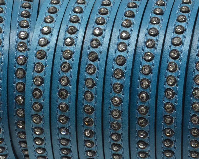 Flat Leather cord with strass. 8x3mm. Dark blue-crystal strass. Best Quality.