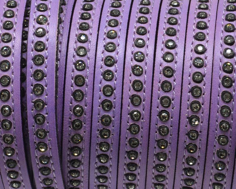 Flat Leather cord with strass. 8x3mm. Lilac-crystal strass. Best Quality.