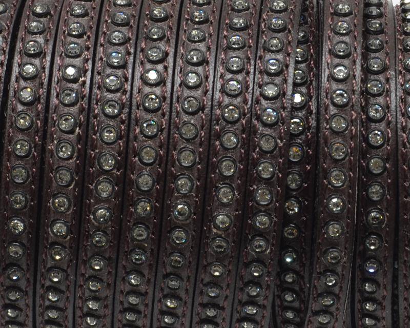 Flat Leather cord with strass. 6.5x3mm. Dark brown-crystal strass. Best Quality.