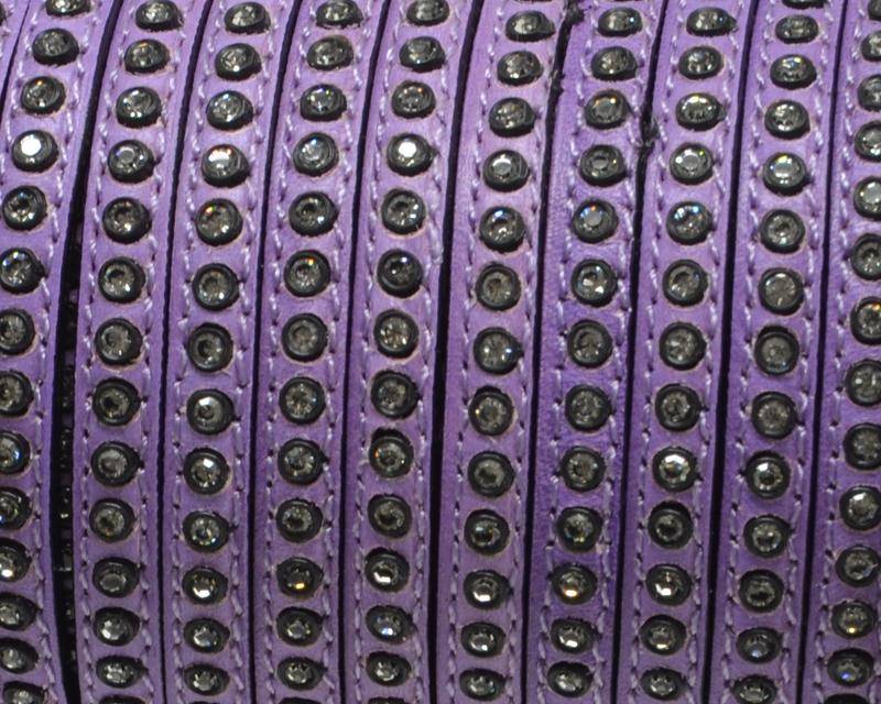 Flat Leather cord with strass. 6.5x3mm. Lilac-crystal strass. Best Quality.