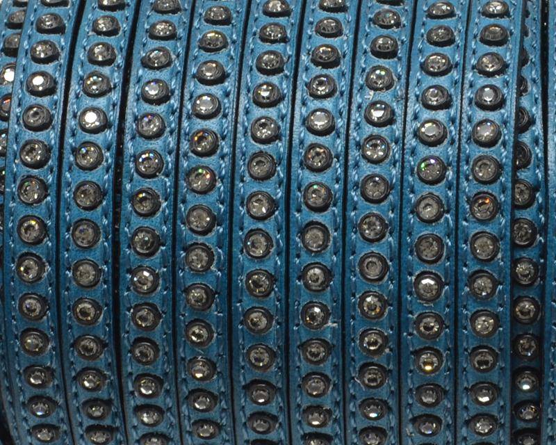 Flat Leather cord with strass. 6.5x3mm. Dark blue-crystal strass. Best Quality.