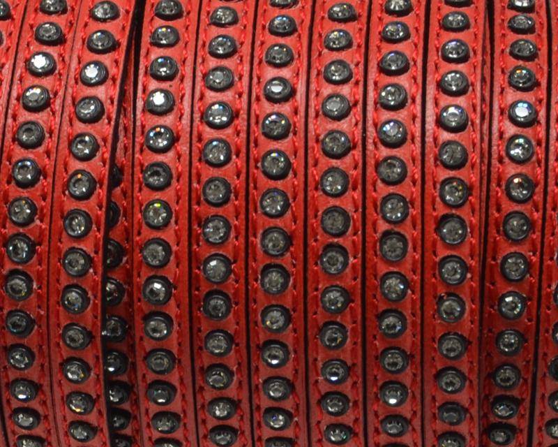 Flat Leather cord with strass. 6.5x3mm. Red-crystal strass. Best Quality.