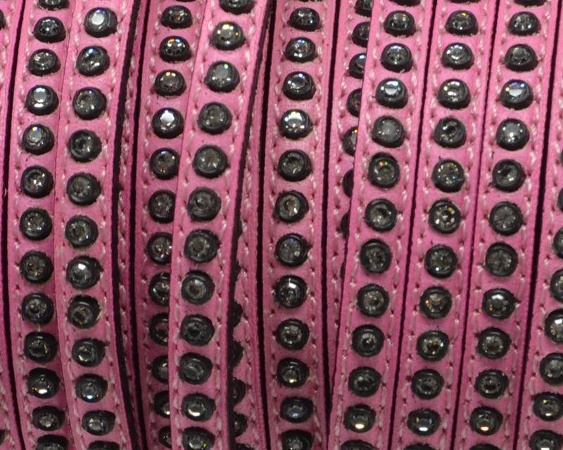 Flat Leather cord with strass. 6.5x3mm. Pink-crystal strass. Best Quality.
