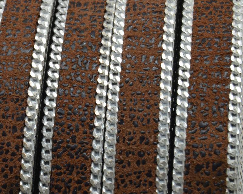 Flat Leather cord with chain. 10x2mm. Brown-silver. Best Quality.