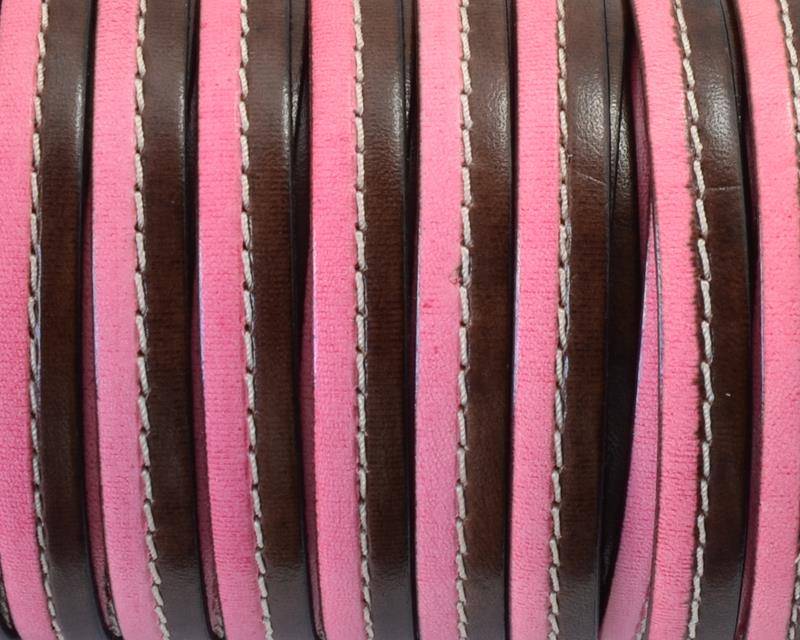 Flat Stitched leather cord. 10x2cm. Dark brown-pink. Best Quality.