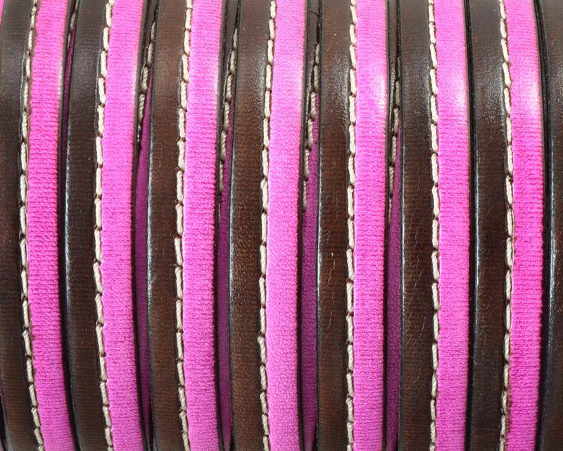 Flat Stitched leather cord. 10x2cm. Dark brown-fuchsia . Best Quality.
