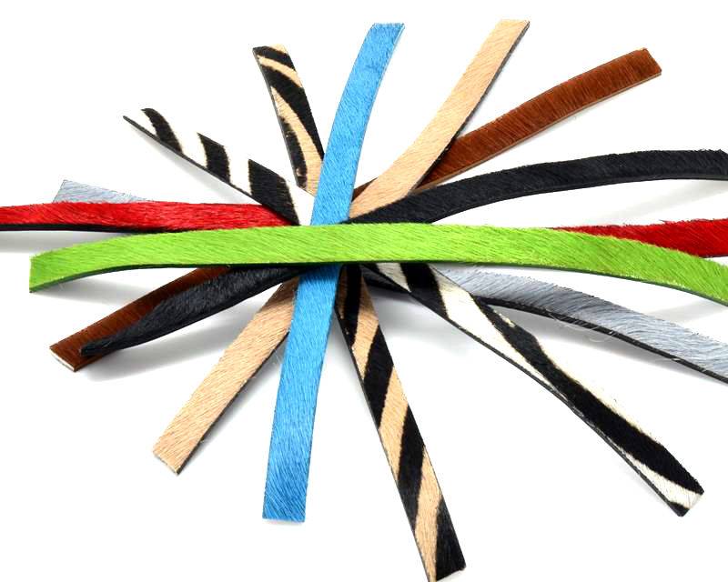 Colored cow hair Flat leather cord. 10x2mm. Multicolor. 20cm strand