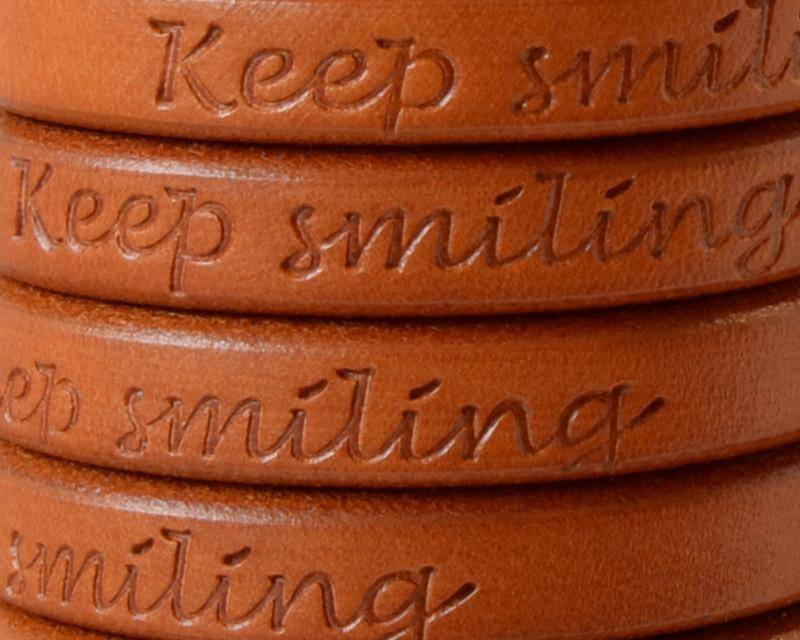 REGALIZ Leather cord. Oval 10x6mm. Keep Smiling. Camel. Best Quality.