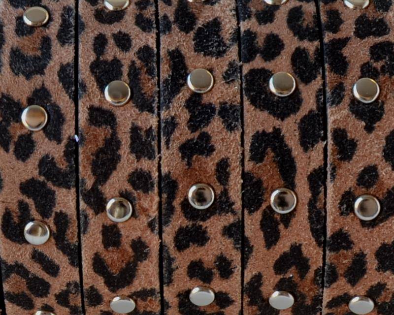 Suede Flat leather cord. With tacks. 10x2mm. Leopard-silver. Best Quality.