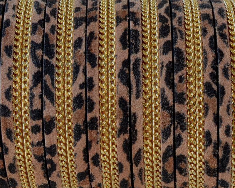 Suede Leather cord with chain. Flat. 10x2mm. Leopard-gold. Best Quality.