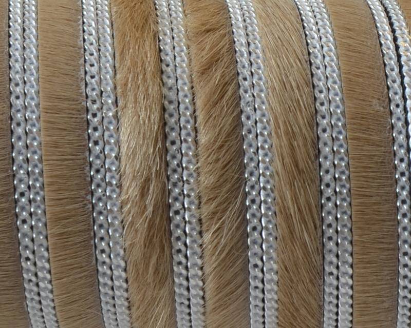 Colored cow hair leather cord. With chain.Flat.10x1.5mm.Beige-silver.Best Quality