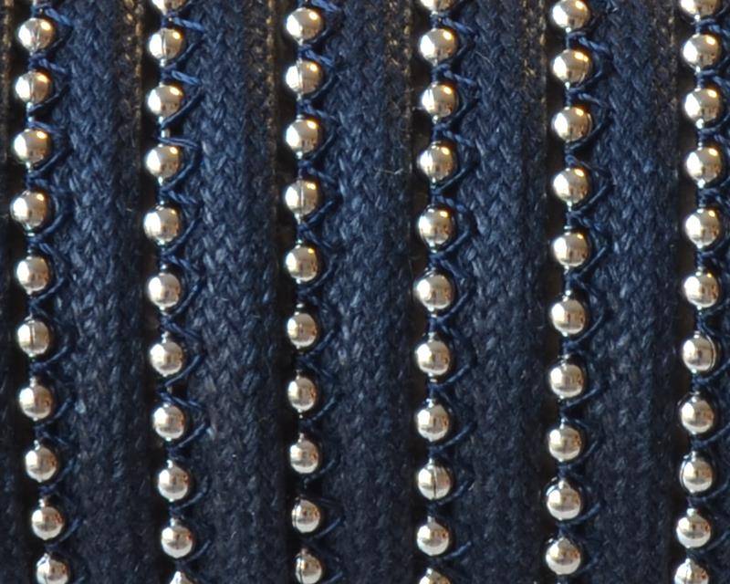 Waxed leather cord with chain. 7x2mm. Navy blue-silver. Best Quality.