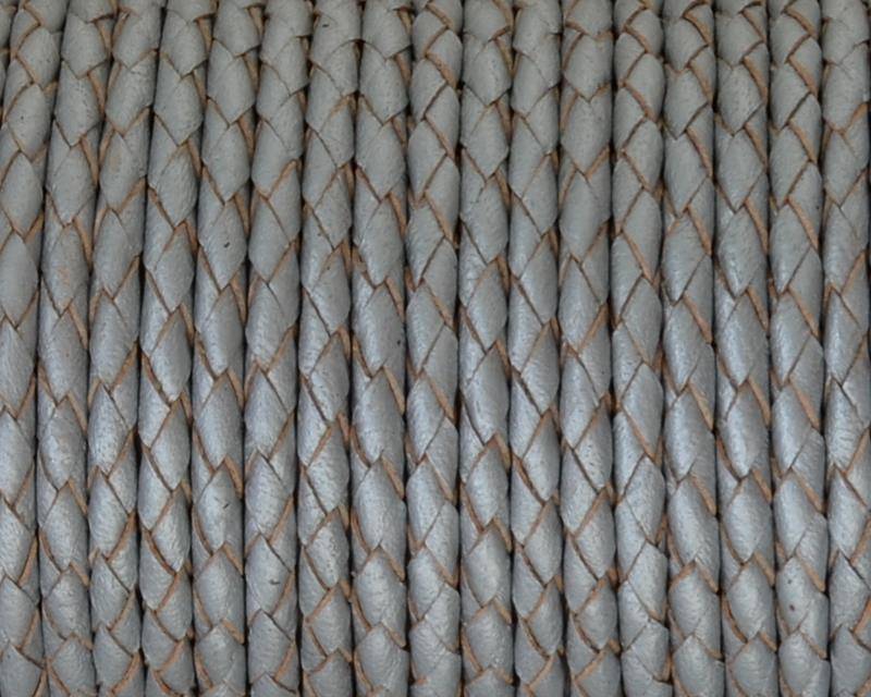 Bolo Braided Round Leather Cord. 3mm. Metallic silver. Best Quality.