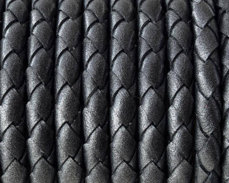 Bolo Braided Round Leather Cord. 5mm. Antique metalic silver. Best Quality
