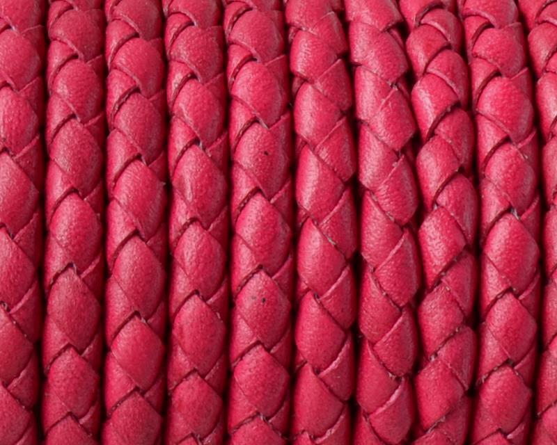 Braided round leather cord 5mm. Fuchsia. Best Quality.