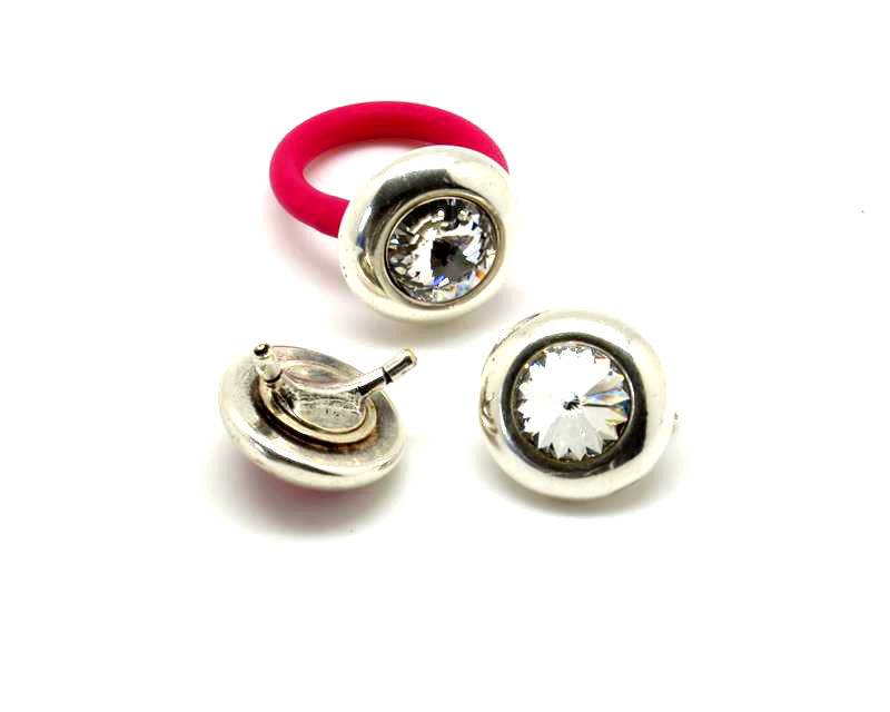 Zamak/Swarovski. Accessorie. Ring. Coin. 20mm. Silver-Crystal. 2.2mm.