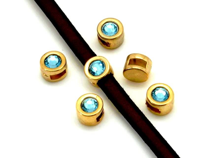 Zamak/Swarovski. Coin. 8mm. Gold-Aquamarine. Inn.5x2mm.