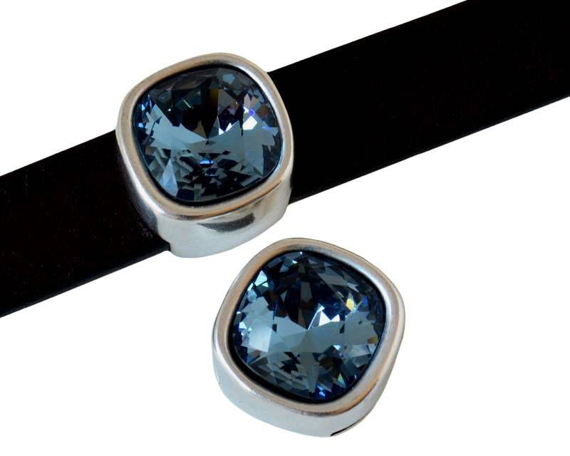Zamak/SWAROVSKI slider. Square. 13x13mm. Silver. Denim Blue. Inn.10x2.5mm