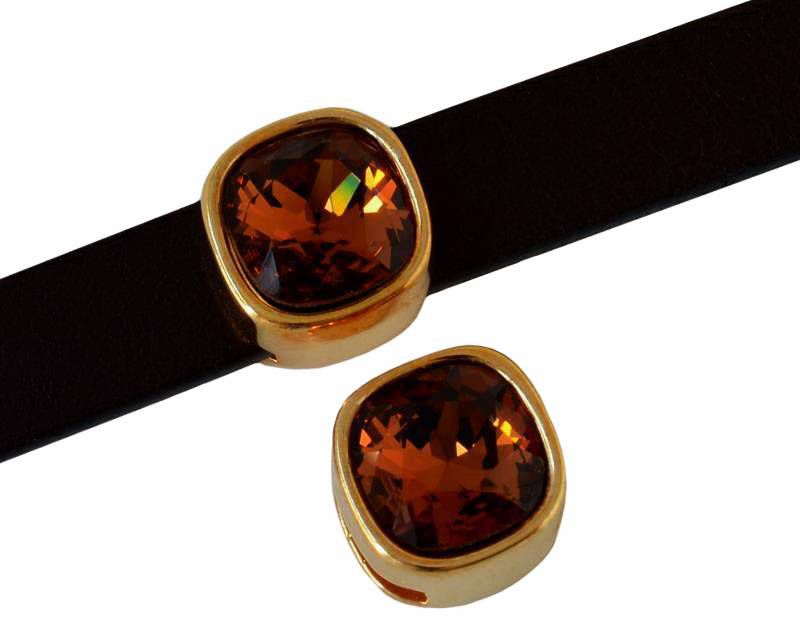 Zamak/SWAROVSKI slider. Square. 13x13mm. Gold. Smoked Topaz. Inn.10x2.5mm