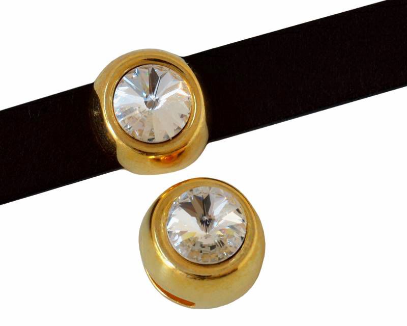 Zamak/SWAROVSKI slider. Coin. 14mm. Gold. Crystal. Inn.10x2.5mm