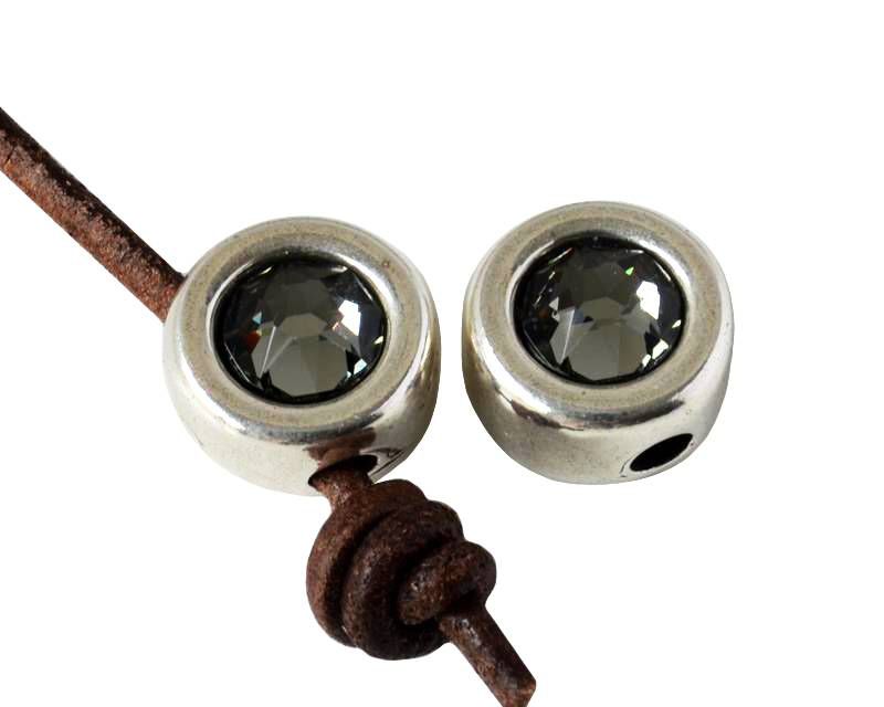 Zamak/SWAROVSKI slider. 12mm Coin. Silver-Black Diamond. Inn.3mm