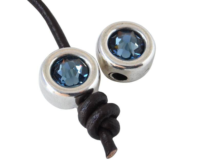 Zamak/SWAROVSKI slider. 12mm Coin. Silver-Denim Blue. Inn.3mm