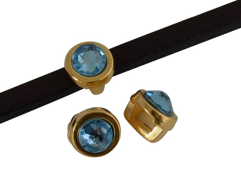 SWAROVSKI and Zamak Slider. 6x4mm coin. Gold-Aquamarine. Inn.3x2mm