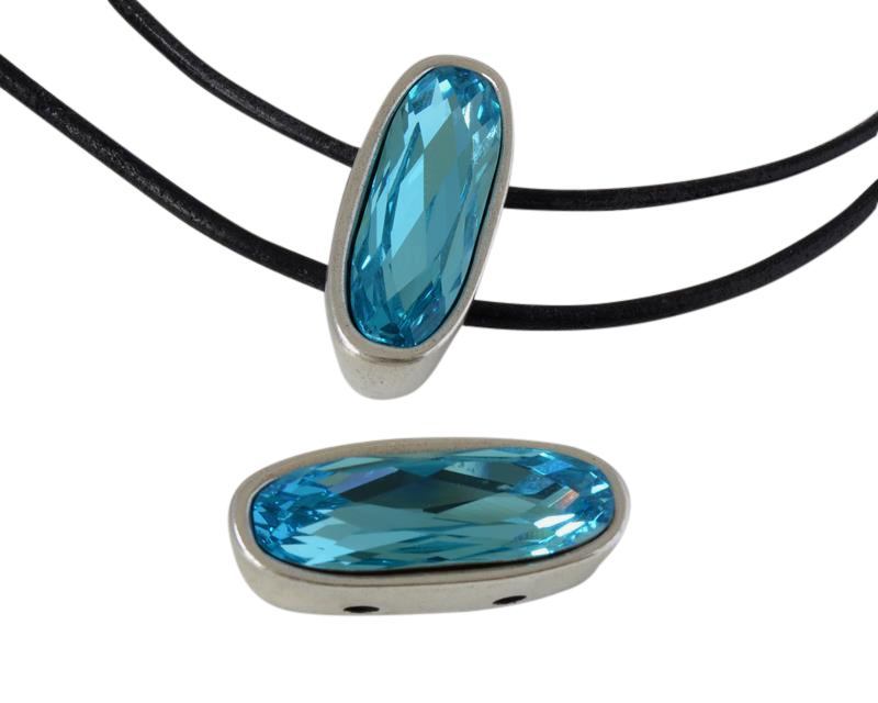SWAROVSKI and Zamak slider. 30x13mm. Two holes. Silver-Light Turquoise. Inn.2.2mm