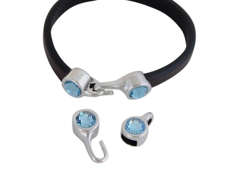 SWAROVSKI clasp with end cap. 2 pieces set 6x15mm-6x11mm. Silver-Aquamarine. Inn.5x2mm