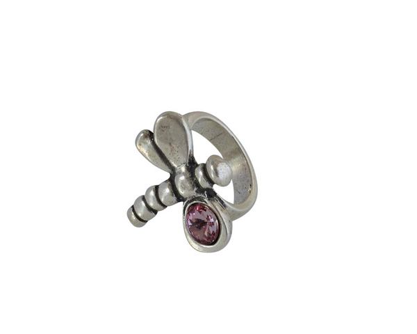SWAROVSKI and Zamak Dragonfly ring. 25x28mm. Silver-AntiquePink. Inn.3mm