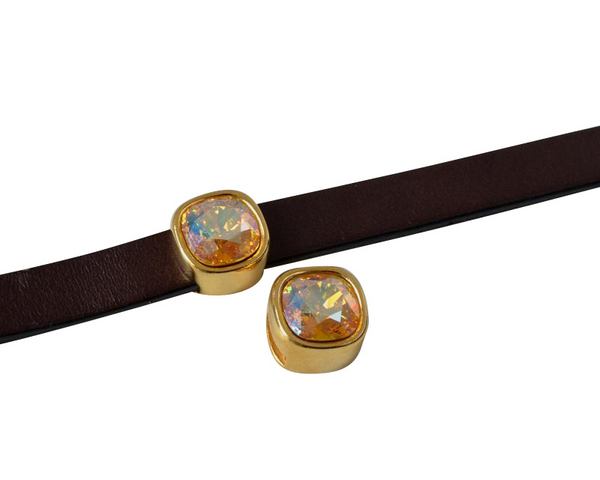 SWAROVSKI and Zamak slider. 13x13mm Square. Gold-Golden Shadow. Inn.10x2,5mm