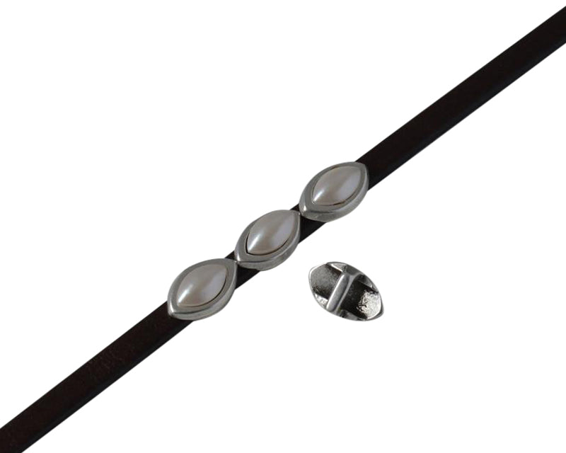 Swarovski and Zamak leaf slider 8x5mm. Silver-White Pearl. Inn. 3x2mm.