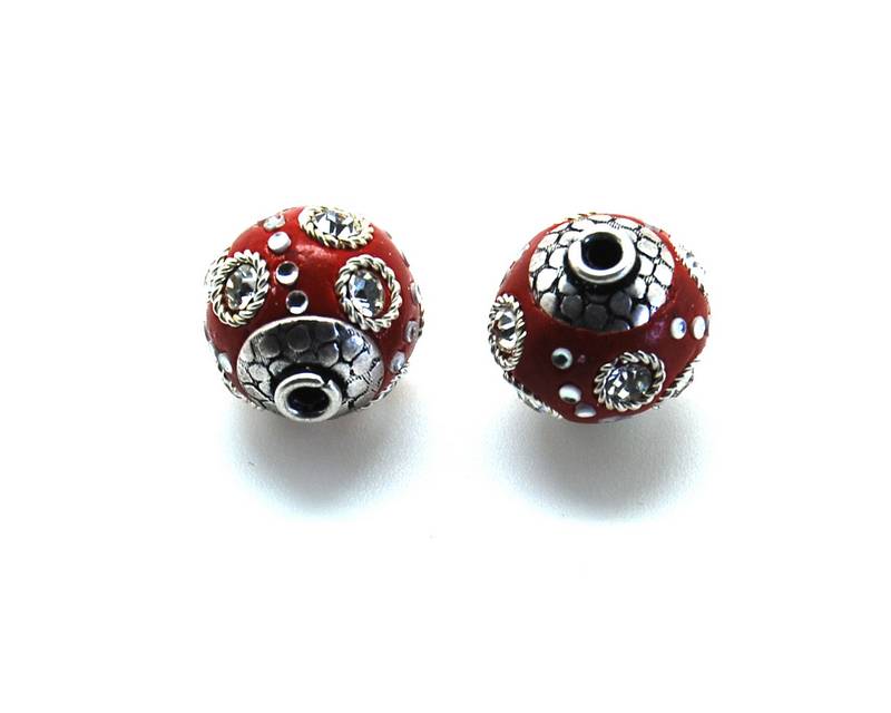 Resin/Metal/Rhinestone. Round. 15mm. Red. Inn.2mm.approx.