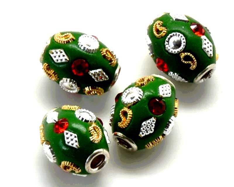 Resin/Rhinestone. Barrel. 16x13mm.Green-red strass.Inn.3-3.5mm.approx.