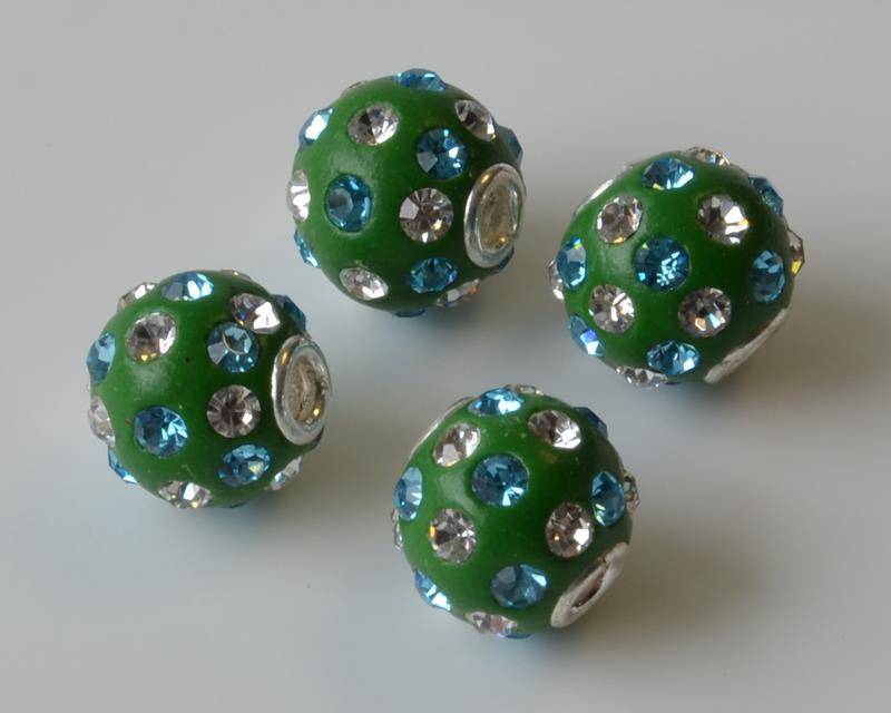 Resin/Metal/Rhinestone. Round. 13mm.Green-blue-crystal.Inn.3mm.approx.