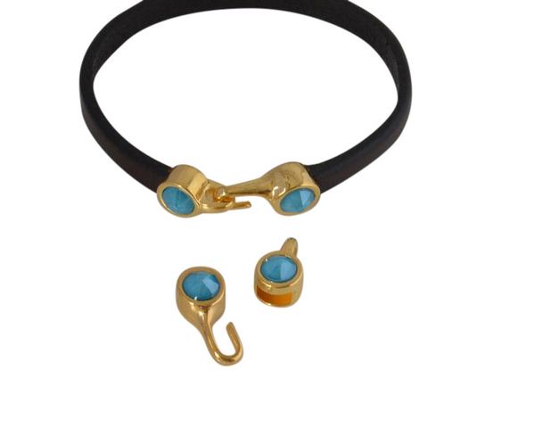 SWAROVSKI clasp with end cap. 2 pieces set 6x15mm-6x11mm. Gold-Azure Blue. Inn.5x2mm