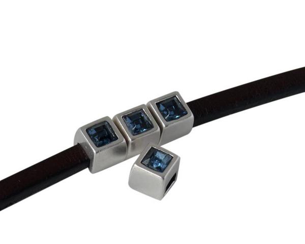 SWAROVSKI and metal slider square 5x5mm. Silver-Denim Blue. Int.3x2mm
