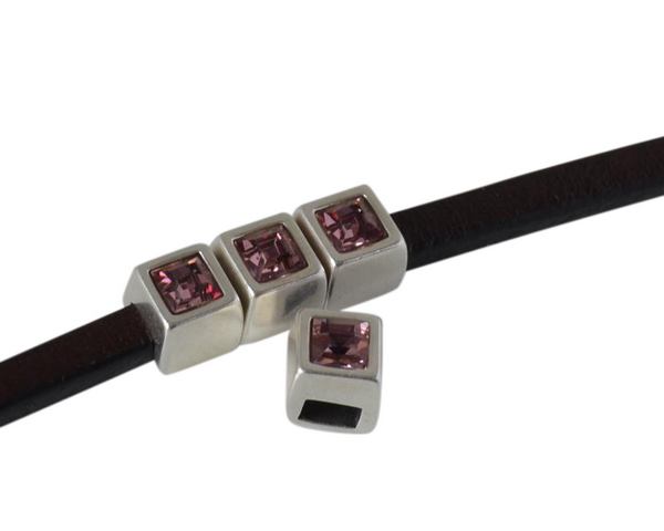 SWAROVSKI and metal slider square 5x5mm. Silver-Antique Pink. Int.3x2mm
